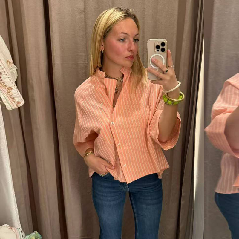 Chemises rayées roses pour femmes, été, boutons asymétriques, manches mi-longues, coupe ample, chemises décontractées, look de bureau, vintage, élégantes, hauts féminins