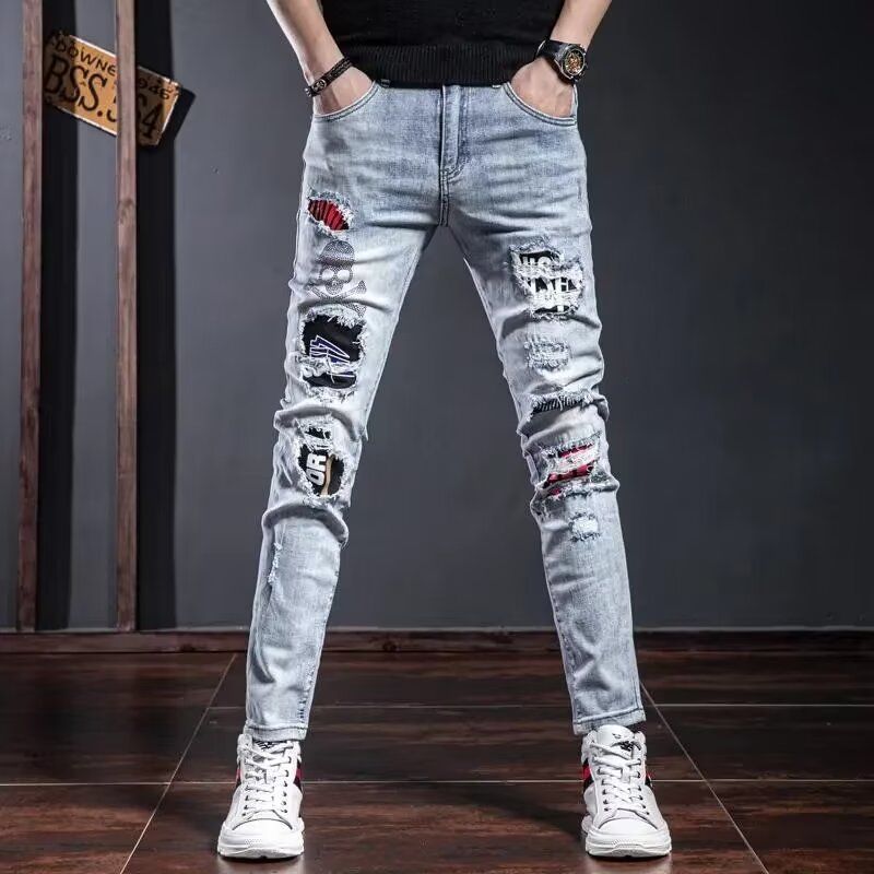 Homme coréen vêtements de créateur 2025 jean blanc hommes printemps automne imprimé étudiants mince Stretch crayon pantalon vêtements de travail pantalons longs