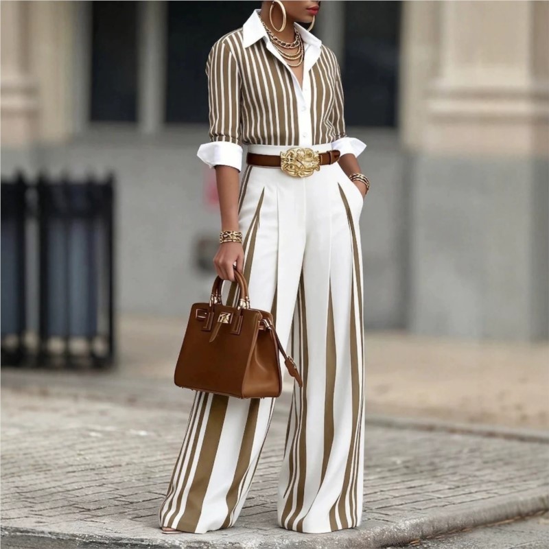 Ensemble deux pièces mode femme : chemise rayée imprimée à revers et manches longues à boutonnage simple + pantalon large pour l'automne