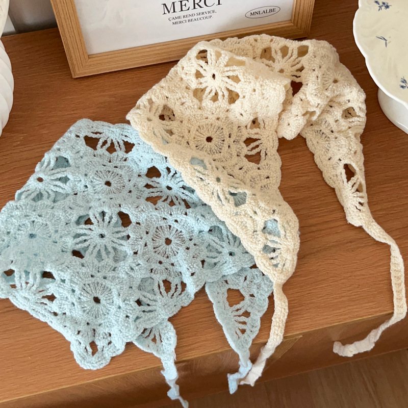 Foulard tricoté tendance pour femme, style pastoral français, bandeau triangulaire, bandeau au crochet fait main, foulard rétro à fleurs