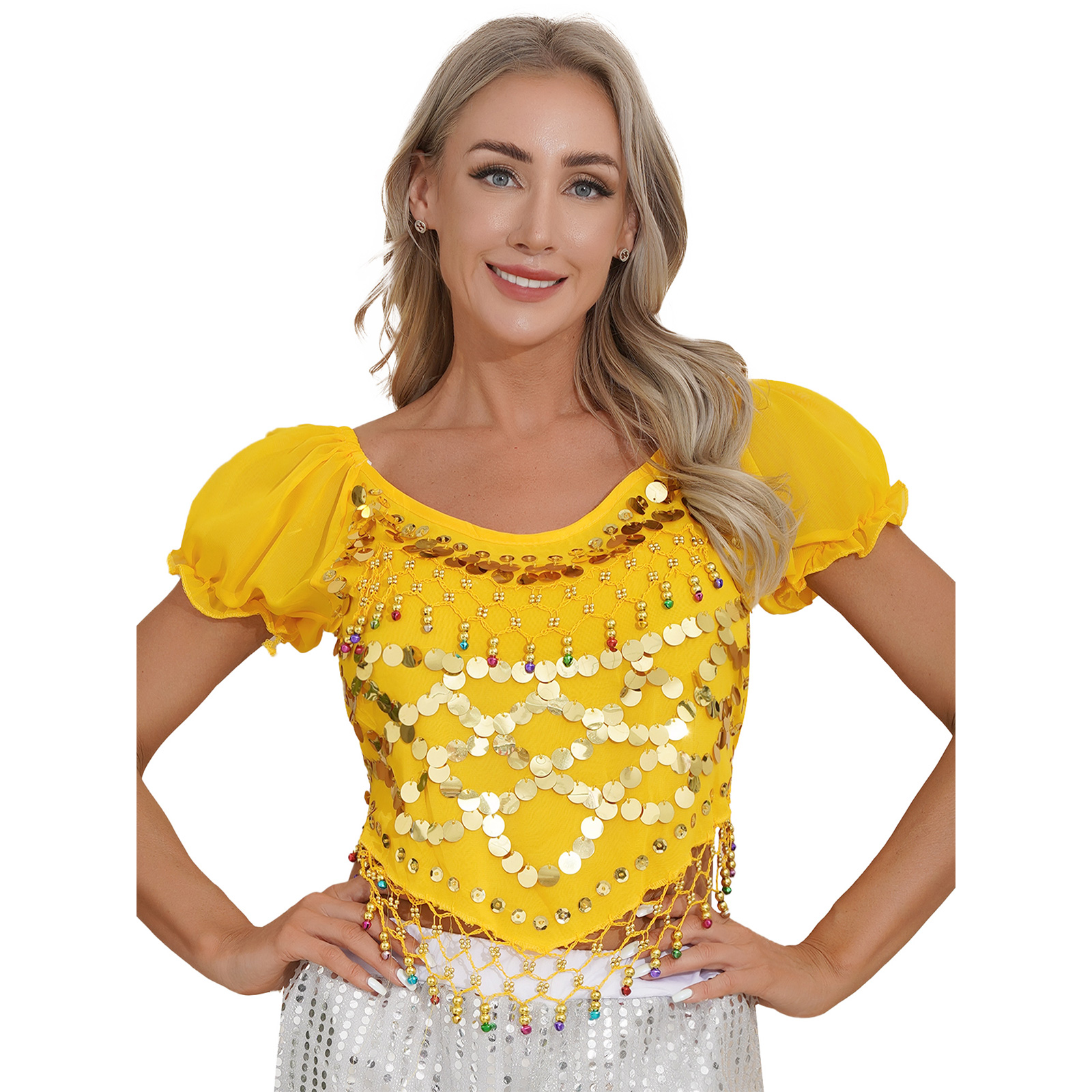 Costumes de danse du ventre à paillettes pour femmes, Bellyylene, ourlet irrégulier perlé en plastique, haut court, dos à lacets, vêtements financièrement