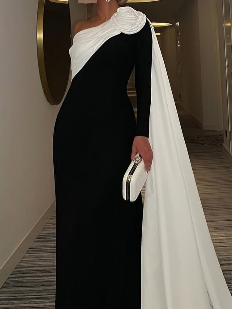 Robe longue décontractée, couleur bloquée, Slim, élégante, asymétrique épaule dénudée, manches longues, mode femme, taille haute, drapée, robe sirène