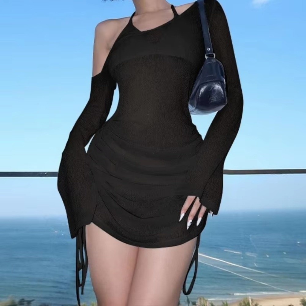 Robe de plage transparente à col asymétrique et cordon de serrage, couleur unie, style chemise, pour fête à la plage