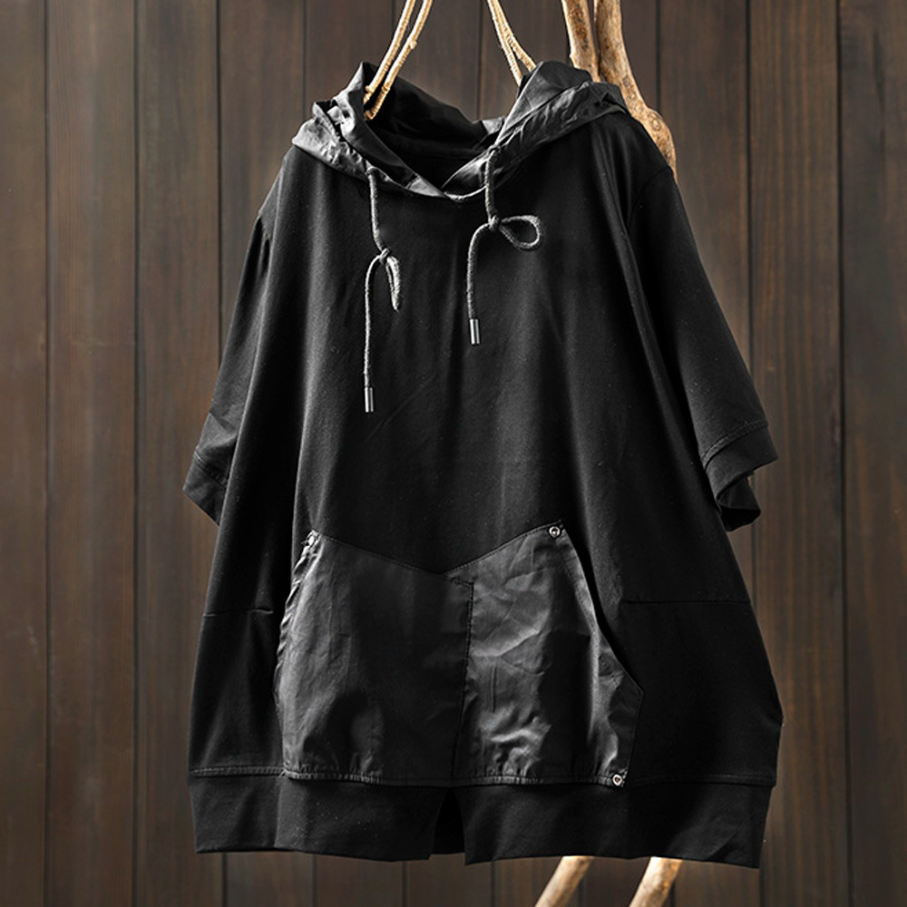 Chemisier à Capuche et Manches Courtes pour Femme, Pull en Coton Solide, Grande Taille, Été