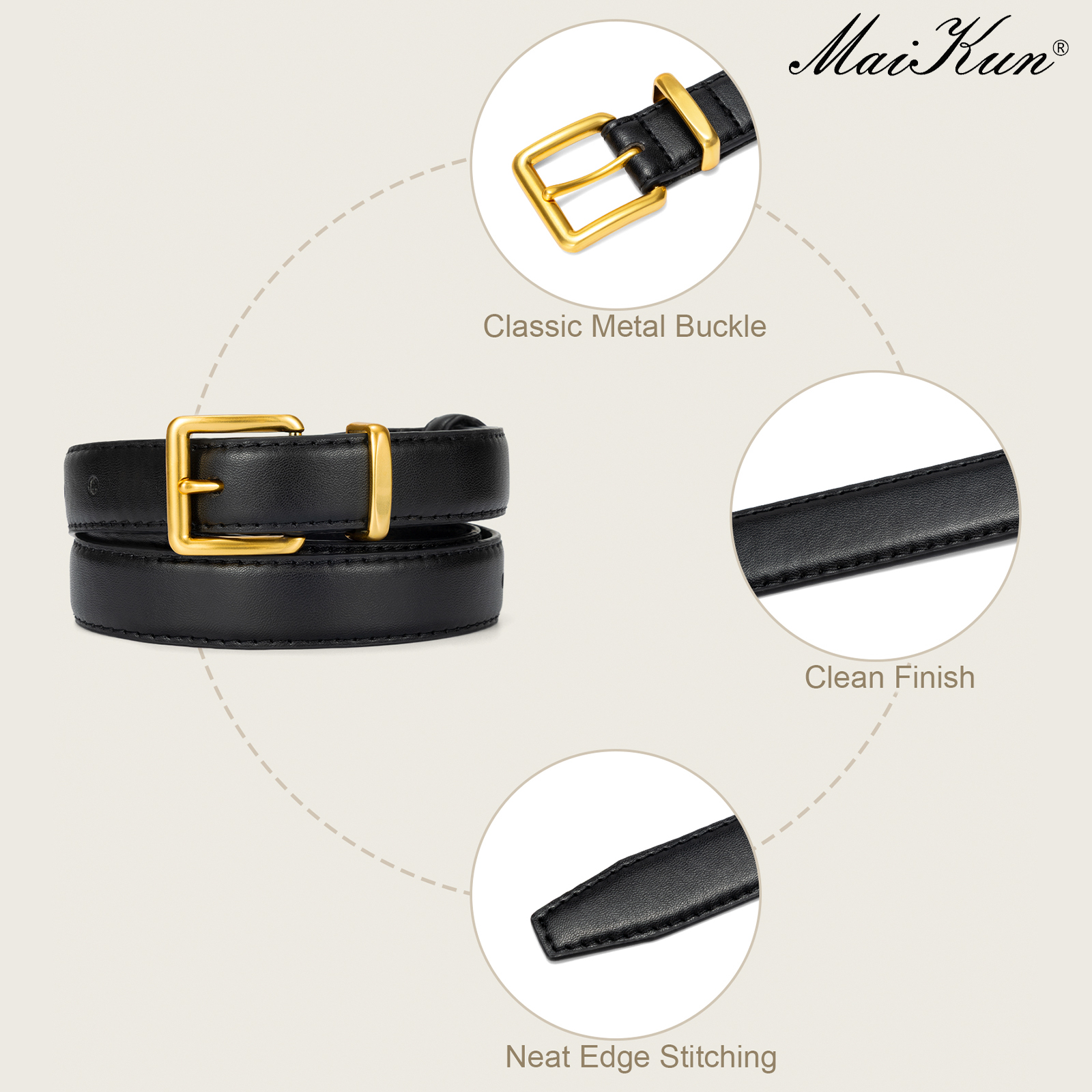 Ceinture Maikun pour femme avec boucle dorée, ceinture élégante en cuir compatible avec les robes et les pantalons