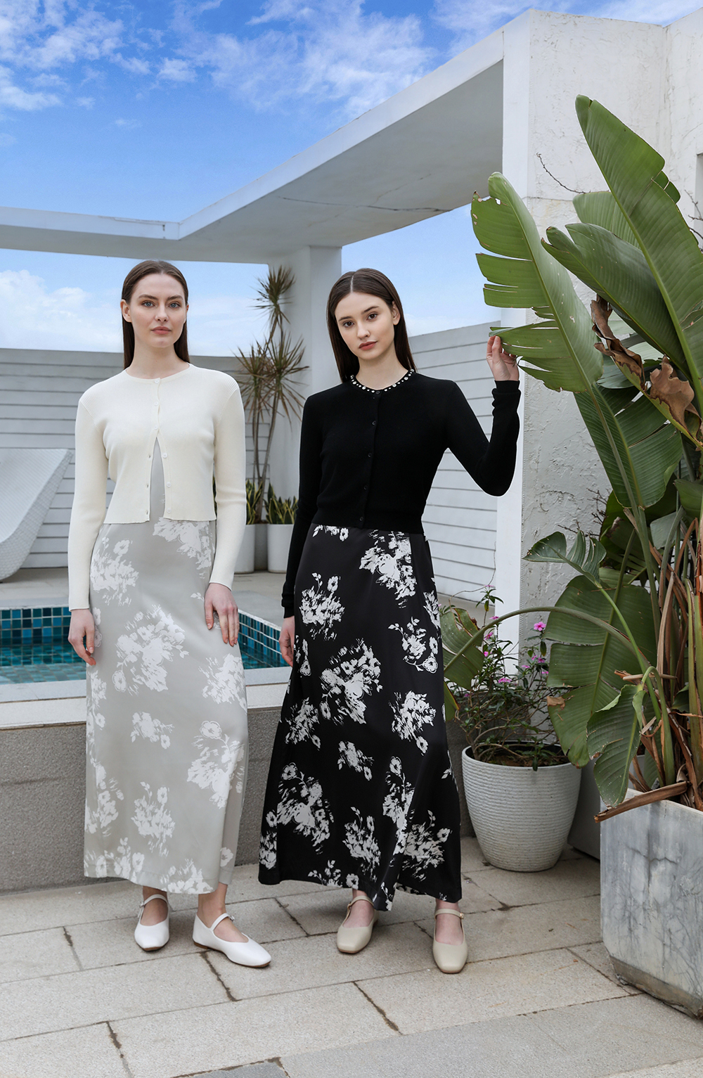 AP 2025 printemps et été femmes impression florale Satin robe à bretelles tricot Cardigan mode