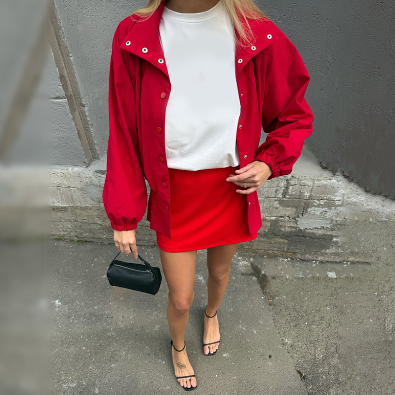 Veste Décontractée Sportive Rouge à Col et Fermeture, Volants Plissés, Taille Ajustable, Manteau Décontracté, Nouvelle Collection Automne 2026, Veste Femme Tendance Streetwear