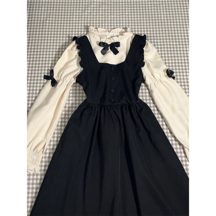 Robes Vintage à manches longues avec nœud en Patchwork + robe gilet noire sans manches pour femmes, nouveaux ensembles deux pièces printemps 2026