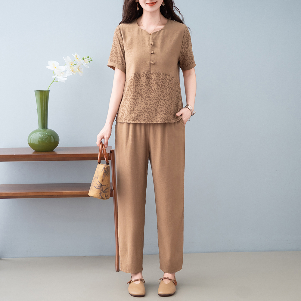 Ensemble chemise et pantalon à manches courtes pour femmes d'âge moyen et âgées, coupe ample, tenue pour mère, haut d'été