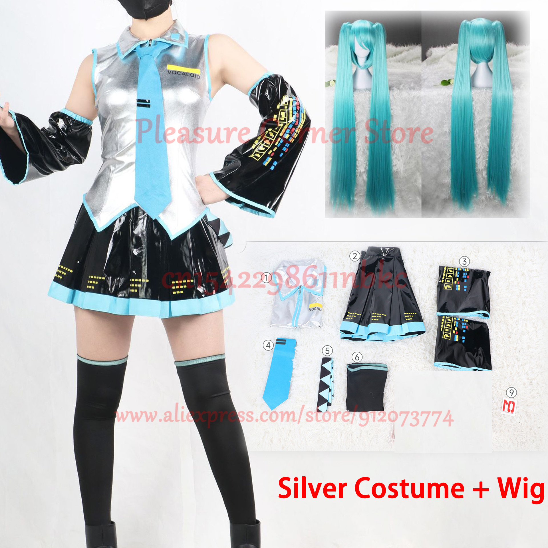 Costume de Cosplay Miku, ensemble complet en tissu cuir argenté, couvre-chef de Cosplay, tenue de Costume, robe de marin JK, uniforme scolaire