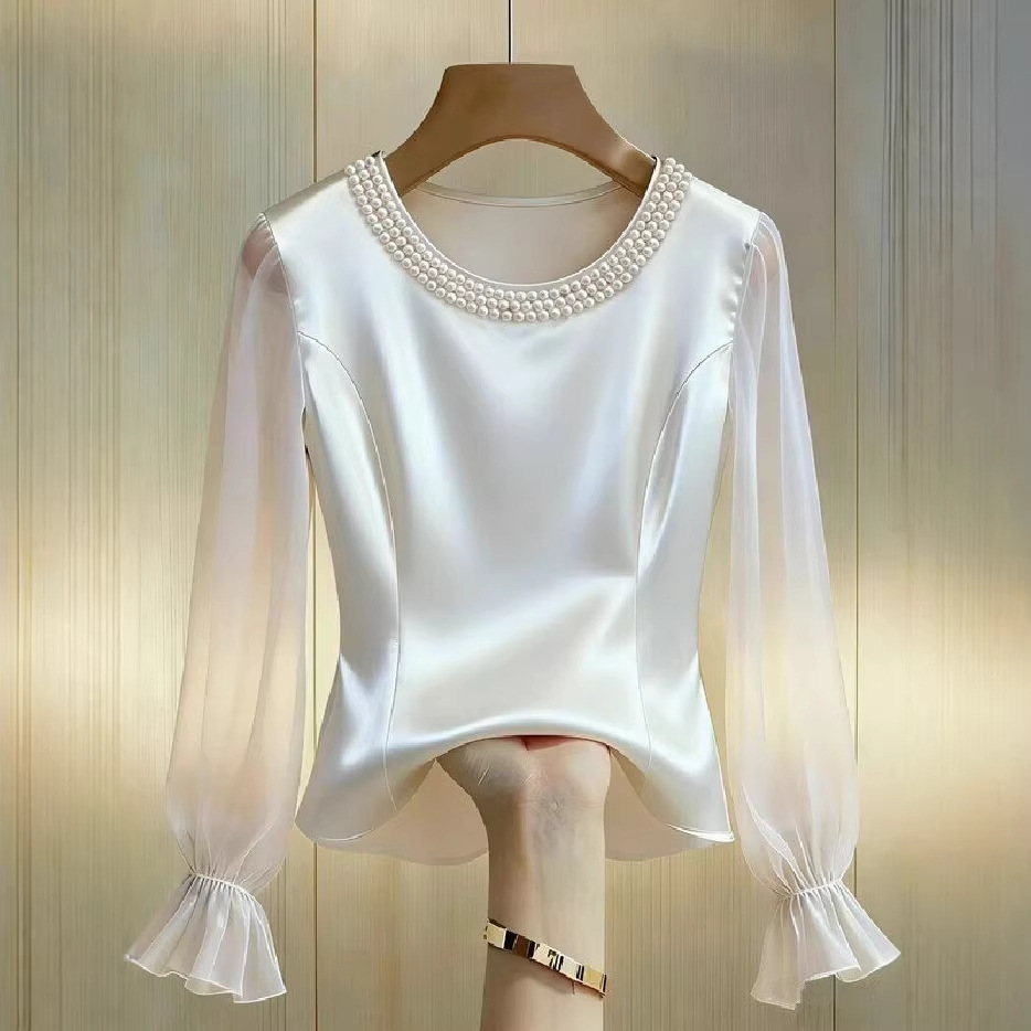 Chemisier élégant en satin pour femme, manches longues transparentes, en soie, avec col rond perlé, coupe ample, tendance été