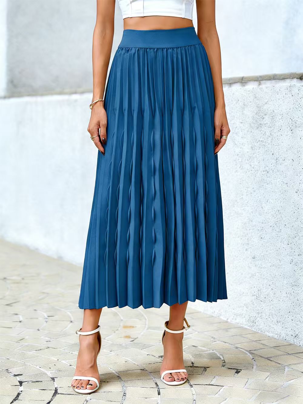 Jupe plissée bleue pour femmes, jupe mi-longue décontractée pour les vacances, pour dames