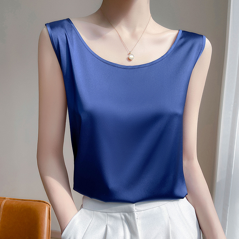 Été soie Camis femmes t-shirts sans manches gilet Satin débardeurs bureau élégant mode O cou Champagne BlouseTop femmes