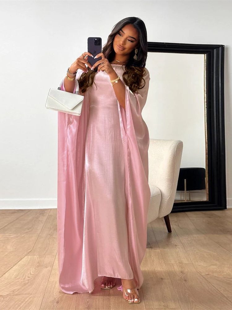 Ramadan Eid été Satin chauve-souris Abaya dubaï femmes Islam musulman Maxi caftan robes Kebaya Caftan Marocain Robe Femme Musulmane