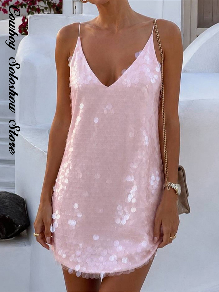 Robe d'été à sequins pour femme, sexy, col en V, sans manches, mini-robe à bretelles, nouvelle collection décontractée pour vacances et soirées, 2026