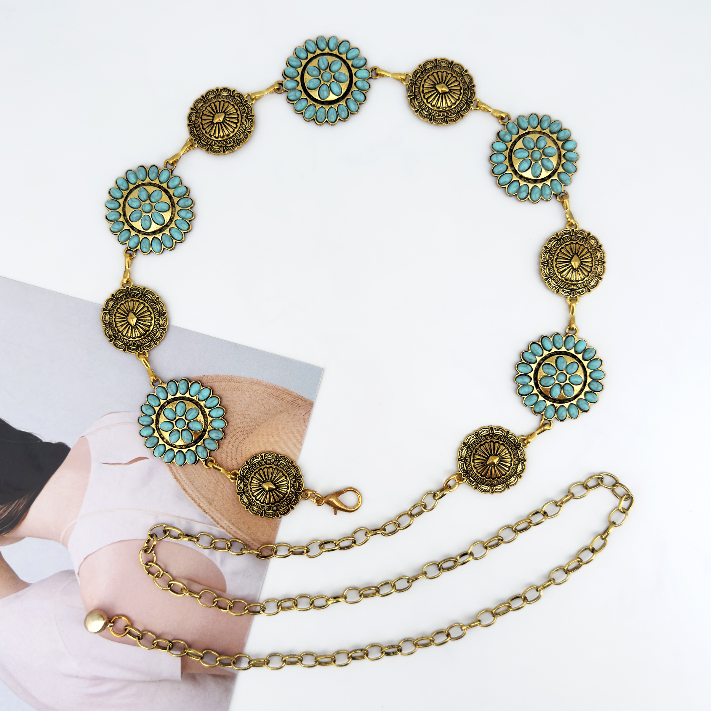 Ceinture ethnique ronde style western tendance pour femme, incrustée de turquoise ; polyvalente pour robes, jeans, mode Y2K et avant-gardiste