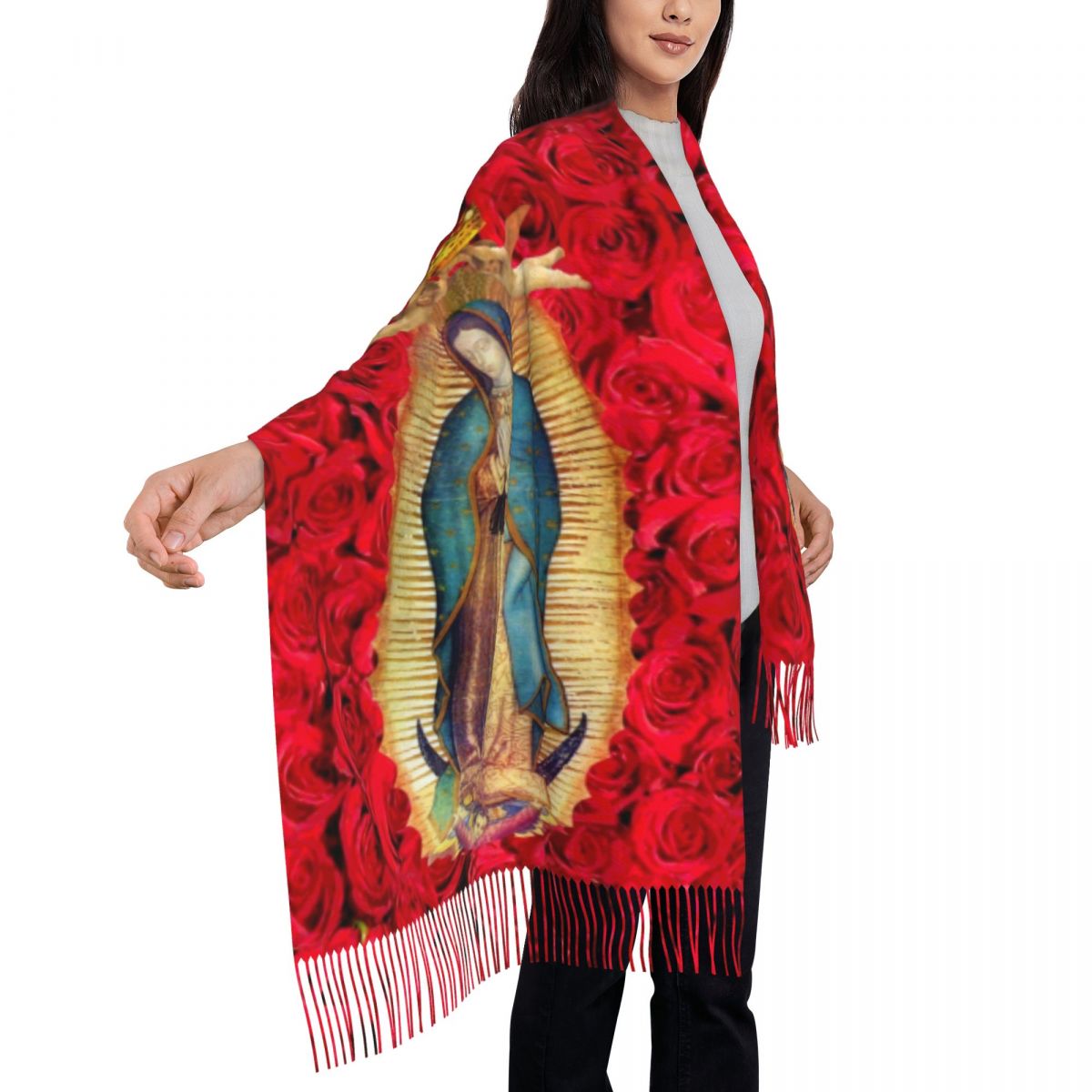 Écharpe Personnalisée Vierge Marie avec Fleurs pour Femme, Long Châle Chaud, Unisexe, Catholique, Rond, Hiver, Automne