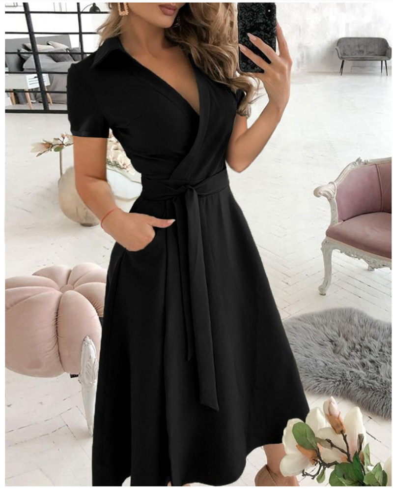 Robe mi-longue à manches courtes pour femmes, col en V, avec ceinture à nouer soi-même et poches latérales, pour tenue décontractée, de soirée ou de fête