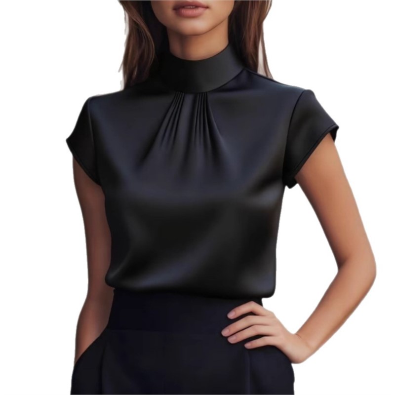 Nouvelle Blouse Élégante Femme Printemps/Été Couleur Unie Col Rond Manches Courtes Ample pour le Bureau