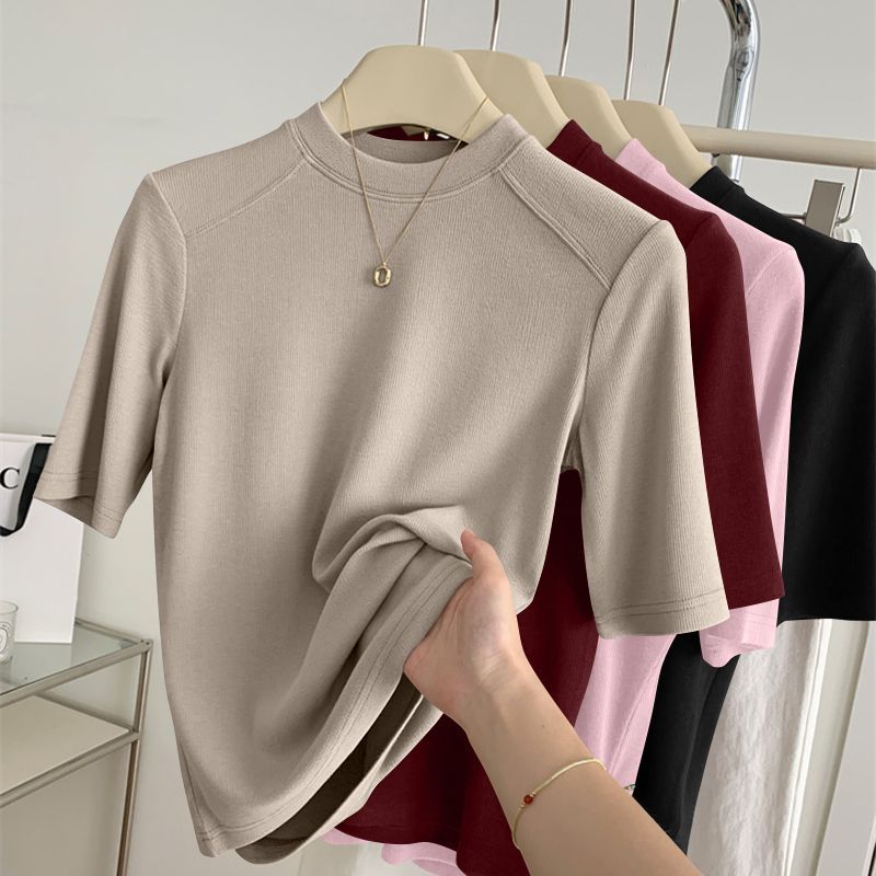 Haut à manches mi-longues pour femme, printemps-automne, col montant, coupe ajustée, nouveau t-shirt polyvalent, vêtement décontracté et tendance