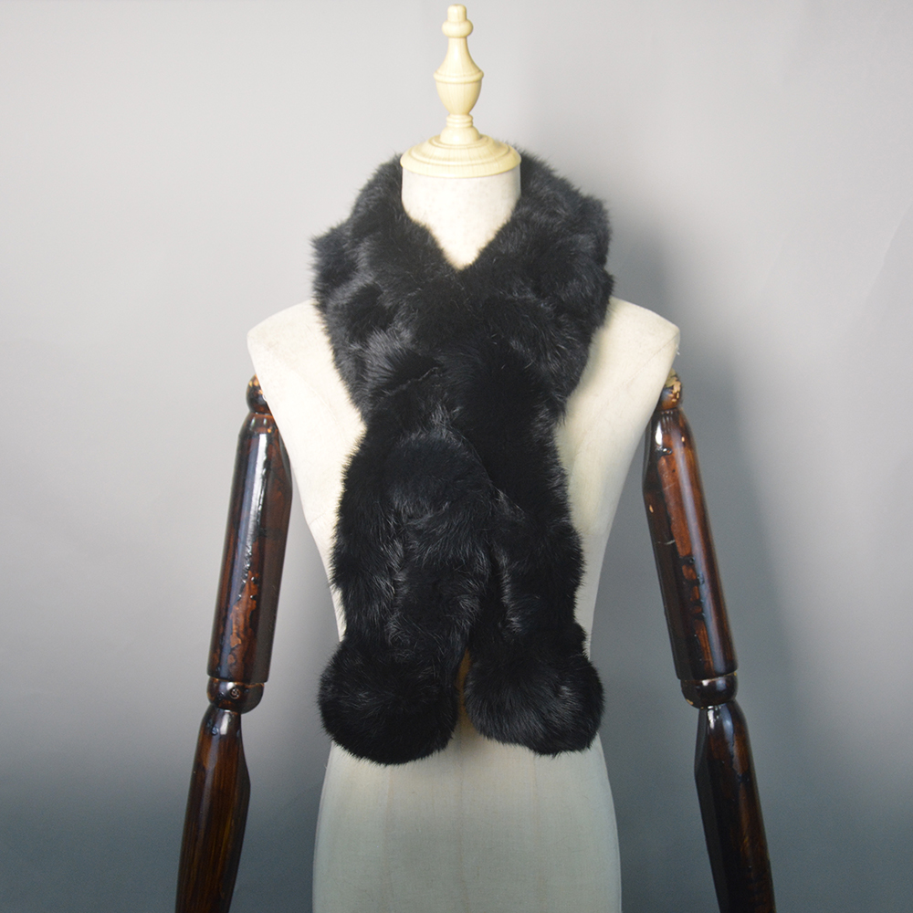 Nouvelle Écharpe Longue en Véritable Fourrure Russe pour Femme 2026 – Foulard Chaud en Vraie Fourrure de Lapin pour l'Hiver, Tricoté avec Pompons Moelleux, Écharpes en Fourrure Naturelle
