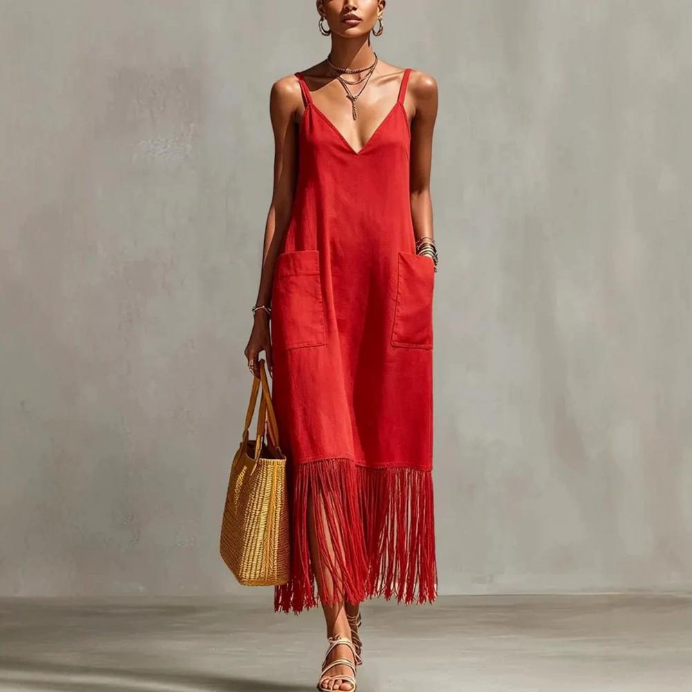 Robe de soirée décontractée à franges, robe longue à ourlet à franges, robe ample à bretelles spaghetti pour les vacances à la plage avec poches