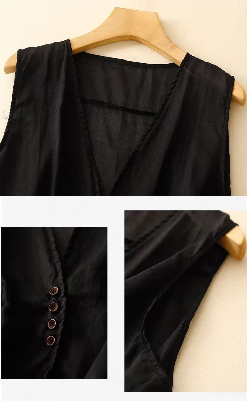 Gilet d'été en coton et lin pour femmes, veste basique sans manches, couleur unie, noir et blanc, manteau élégant, col en v, couverture, haut
