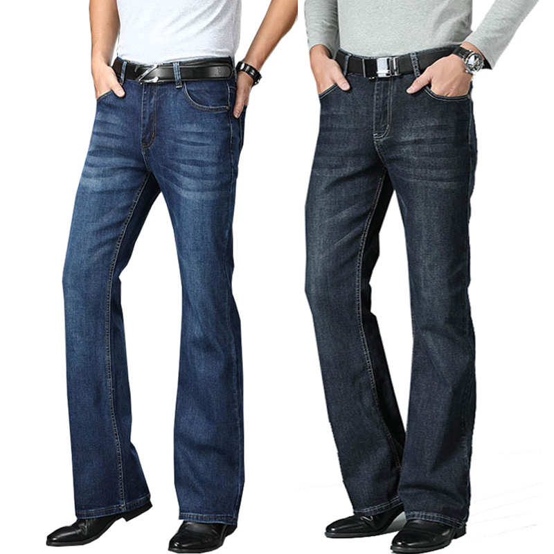 Jeans pour hommes, coupe évasée, coupe bootcut, jeans en denim classique de créateur, taille haute, extensibles, amples, bleus