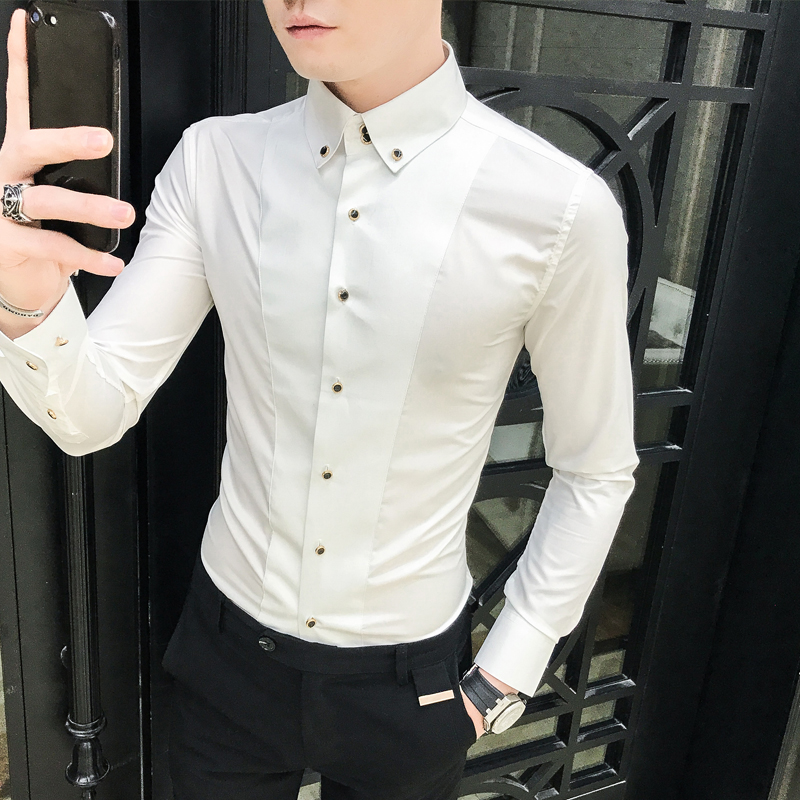 Chemises pour hommes de luxe flambant neuf à manches longues chemises élégantes pour hommes vêtements coupe ajustée décontracté hommes chemises habillées formelles noir/blanc