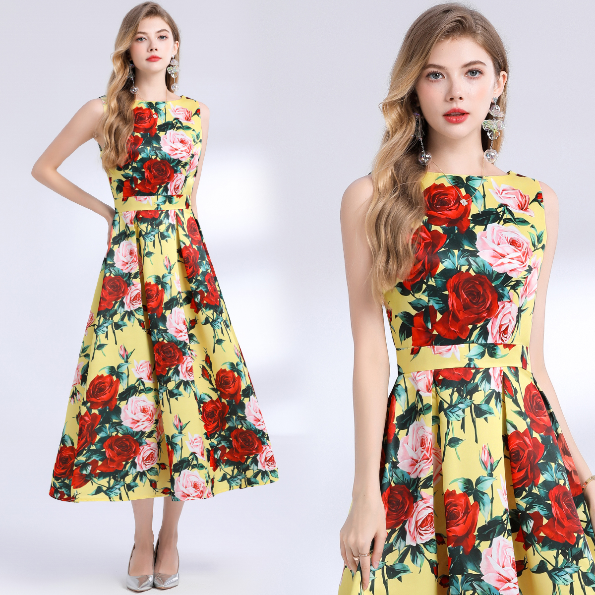 Robe d'été à fleurs Jacquard pour femmes, sans manches, débardeur, col rond, imprimé Floral Empire, longue plage, fête, robes de soirée mi-longues