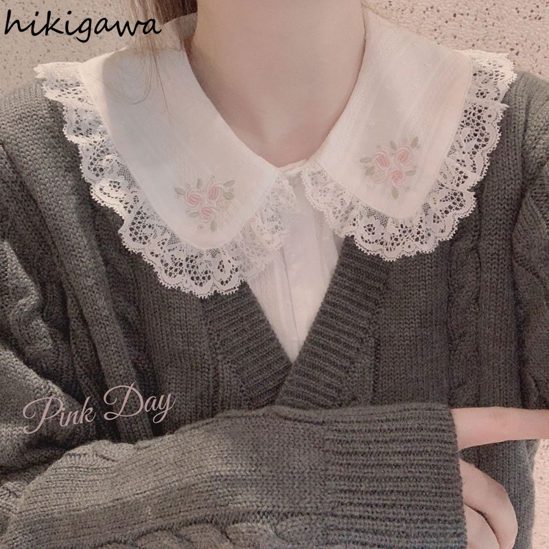 Chemises en coton avec broderie florale en dentelle pour femmes, chemisiers à col claudine, manches longues, vêtements doux, 2025