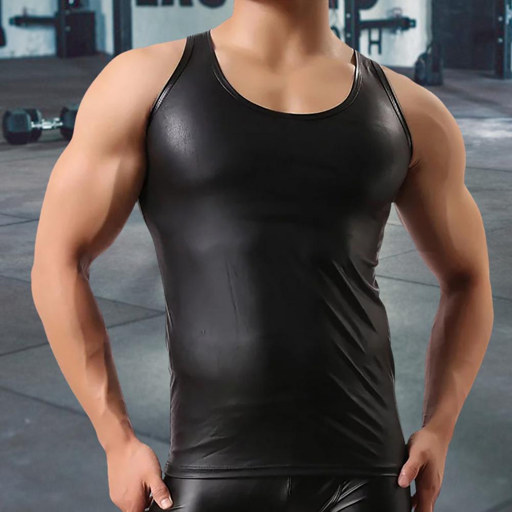 Hommes Club gilet couleur unie Surface lisse coupe ajustée sans manches col rond Faux cuir PClub débardeur hommes vêtements t-shirt homme