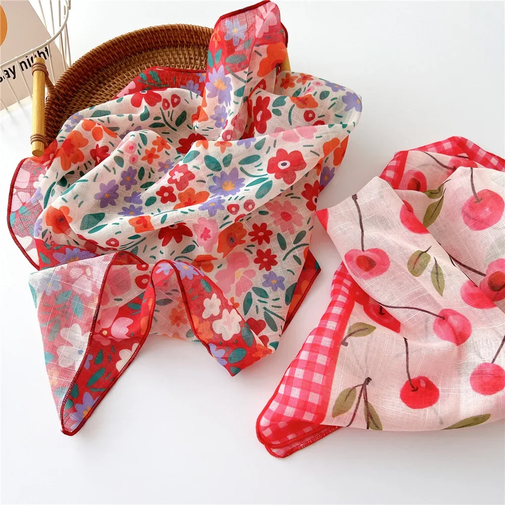 Foulard Bandana en coton pour femmes, petit Hijab imprimé Floral, mouchoir pour cheveux, bandeaux carrés de 55cm, foulards de cou