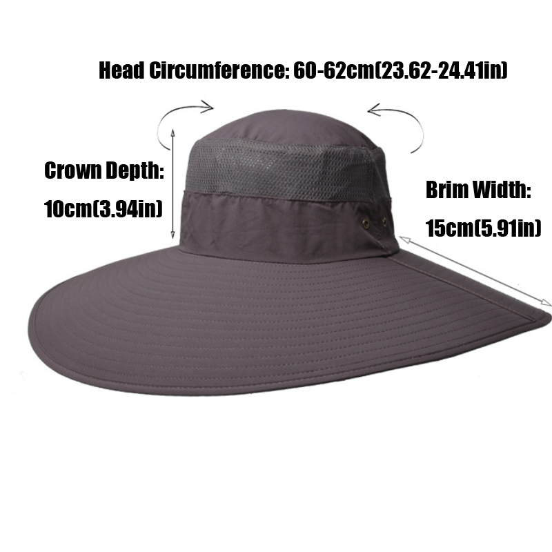 Chapeau de soleil pour homme à très large bord de 15 cm, UPF50+, pour grandes têtes (60-62 cm), imperméable, respirant, en maille, coupe-vent, avec sangle de menton, pour la pêche en extérieur