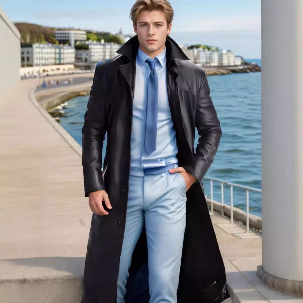 Nouvelles vestes longues en cuir pour hommes 2026 – Manteau trench gothique punk à boutons, col à revers uni, coupe-vent long en PU, manteaux d'hiver en cuir