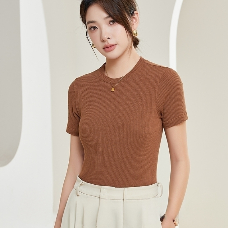 T-Shirt à manches courtes en soie de mûrier, haut de gamme, col rond, respirant et fin, couleur unie, vêtements féminins doux, printemps été