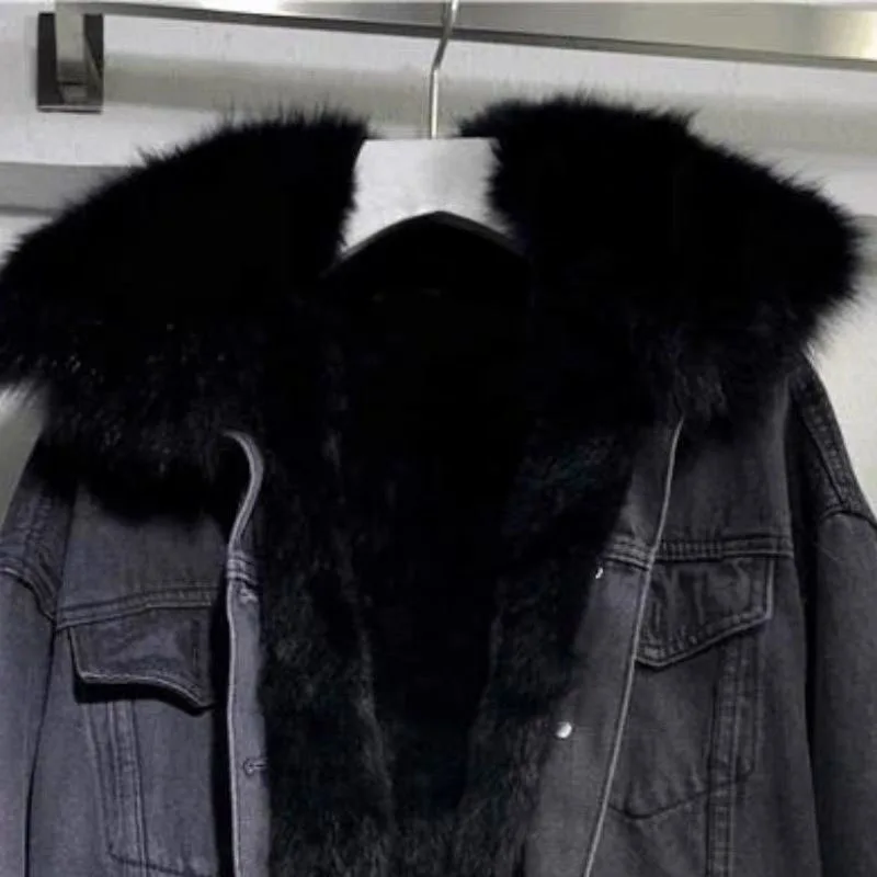 Manteau d'hiver chaud pour femme, style veste en jean, avec grand col en fourrure, doudoune épaisse en polaire, veste de moto basique pour le froid