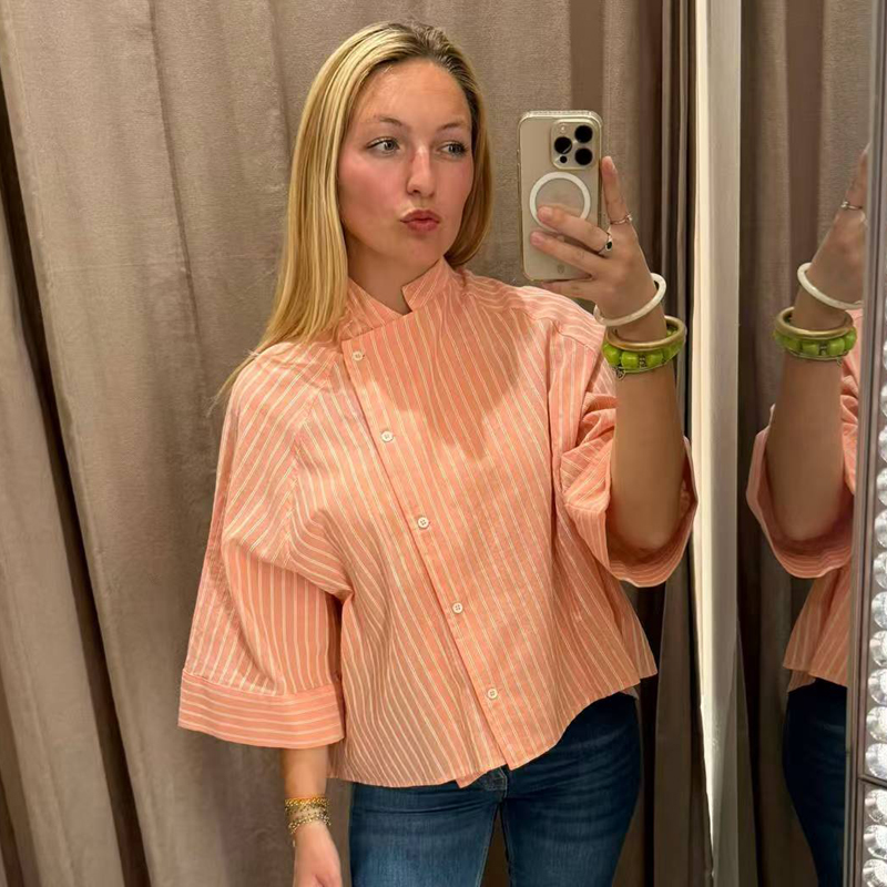 Chemises rayées roses pour femmes, été, boutons asymétriques, manches mi-longues, coupe ample, chemises décontractées, look de bureau, vintage, élégantes, hauts féminins