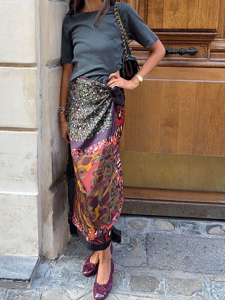 Jupe longue mi-longue droite ample à nouer pour femme, imprimé patchwork tendance, jupe courte chic, nouvelle collection printemps automne 2026, streetwear