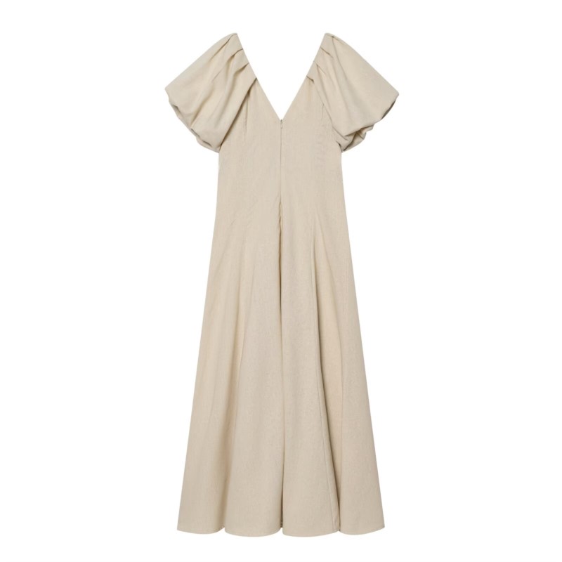 Nouvelle Robe Midi Femme Printemps 2026 Décontractée Col V Manches Bouffantes Unie Longue Évasée Chic