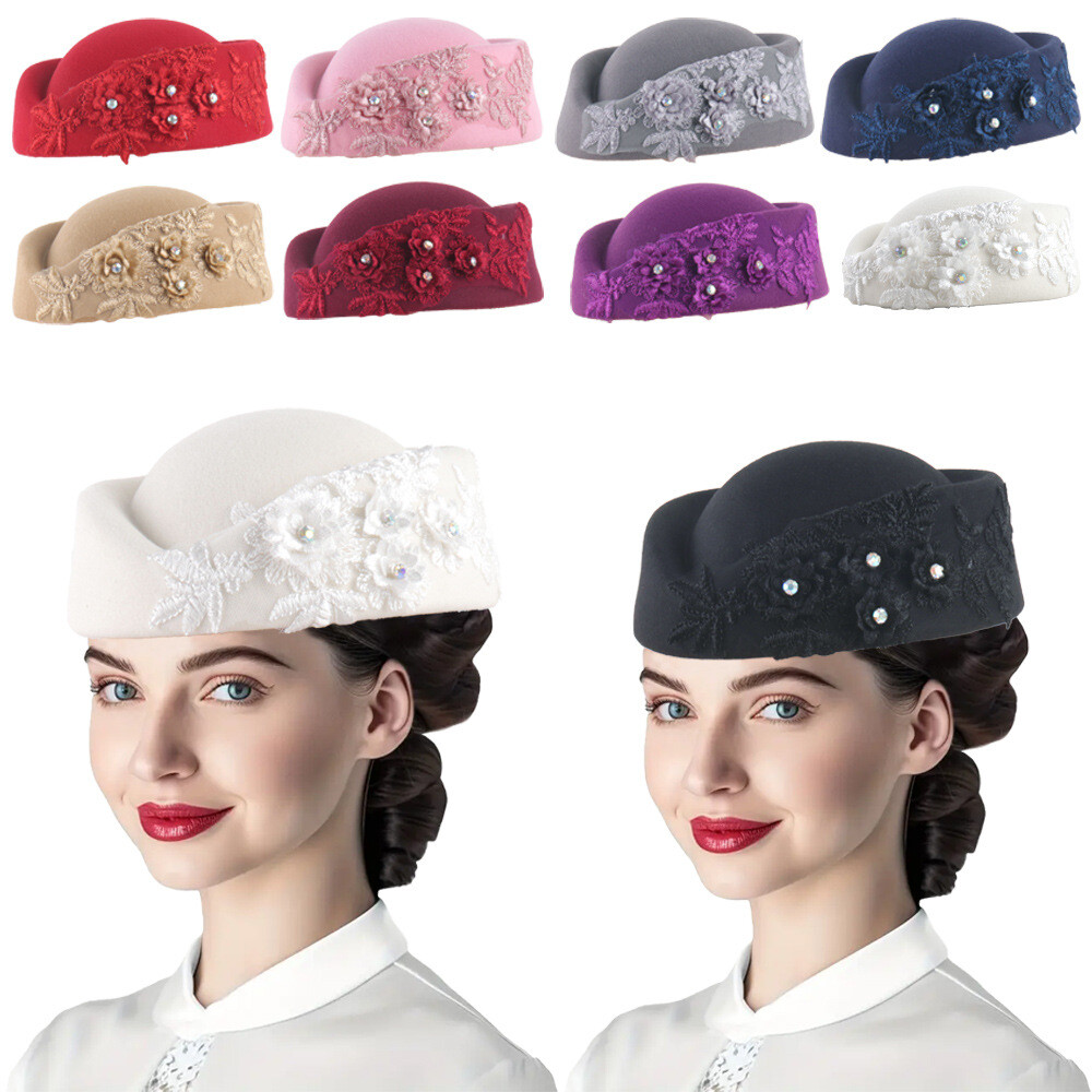 Chapeau Turban en feutre élégant, Vintage, strass, fleur, béret d'église, chapeau pour femmes, hôtesse de l'air, casquette de Cosplay, accessoire de Costume