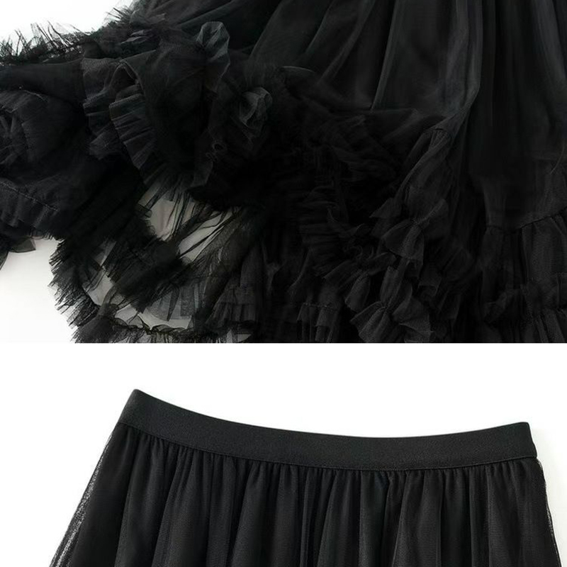 Maille taille haute jupe femmes mode coréenne Chic volants jupe élégante tout Match noir fête une ligne haute taille élastique jupe Midi