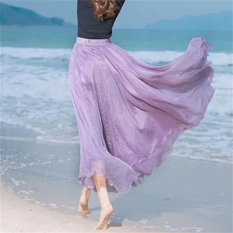 2025 nouvelle mode femmes en mousseline de soie jupes longues taille haute longueur de plancher volants blanc été Boho Maxi jupe Saia Longa Faldas