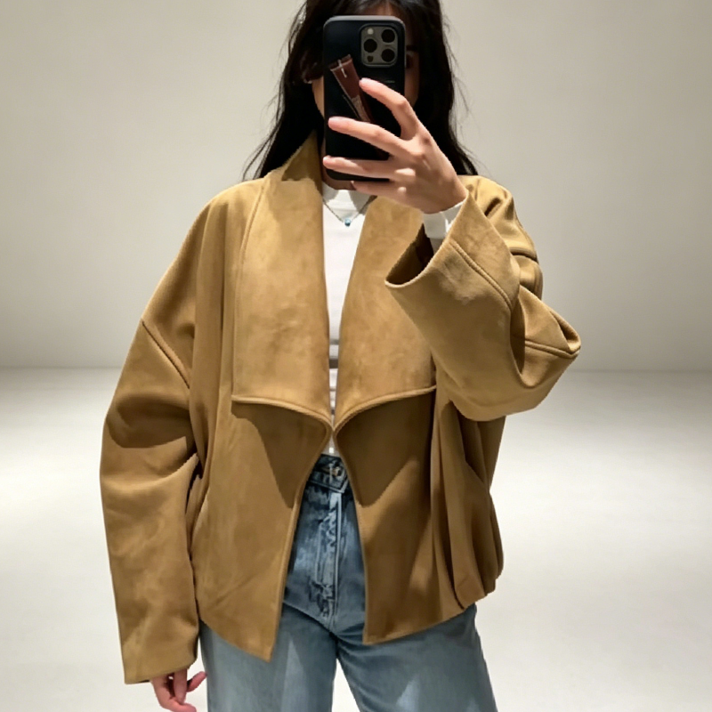 Manteau court décontracté ouvert sur le devant pour femme, col à revers, manches à revers larges, sans bouton, veste oversize chic pour le bureau ou la rue