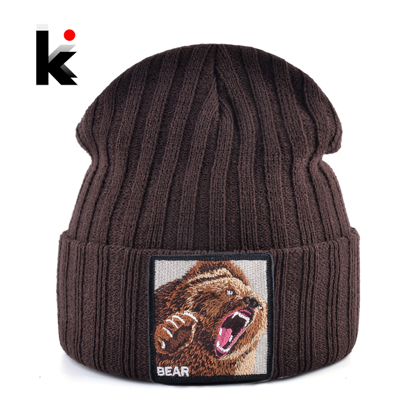 Bonnets tricotés ours brodés pour hommes et femmes, couleur unie, automne hiver, Skullies pour garçons et femmes, Streetwear Kpop Gorras Bonnet
