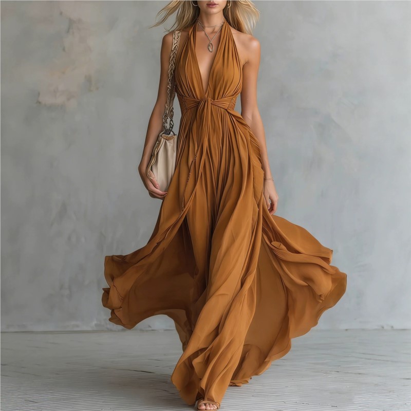 Nouvelle Robe d'été 2026 pour Femme, Col en V, Taille Cintrée, Couleur Unie, Sexy, Élégante, Tendance Haut de Gamme, Sans Manches, Vestidos