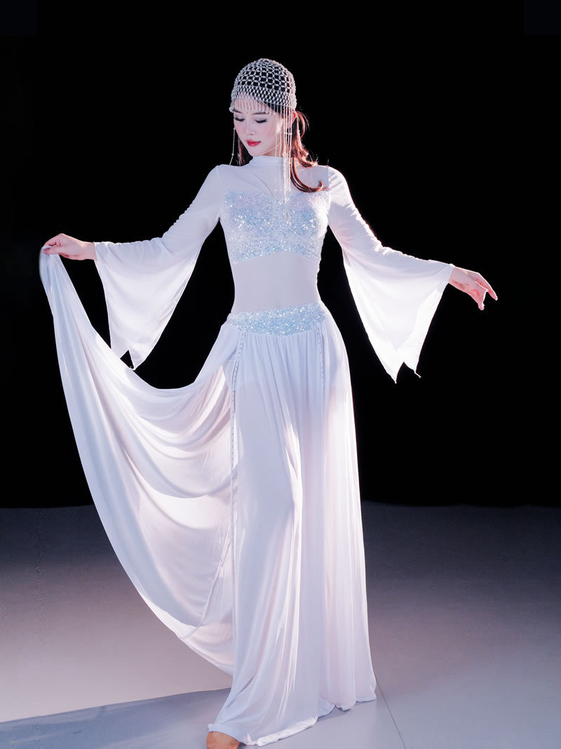 Tenue de danse orientale sexy pour femmes, haut en mousseline transparente à sequins à manches longues, jupe fendue sur le côté, compétition de danse du ventre