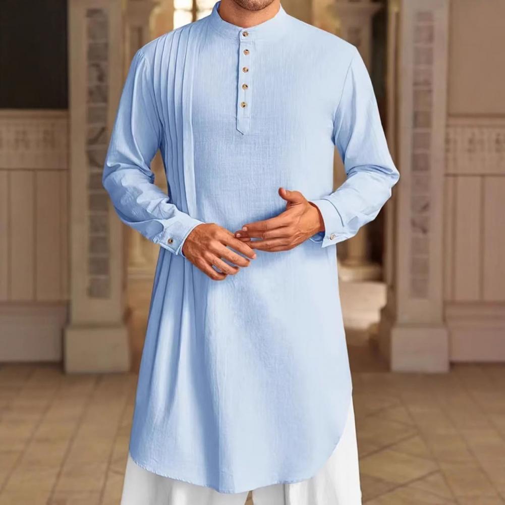 Robe caftan en coton et lin pour hommes – Thobe boutonné à manches longues pour la prière, style décontracté et arabe |   Respirant et confortable