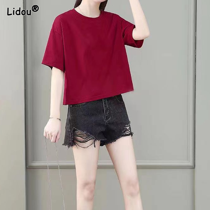 T-shirt simple et léger pour femmes, vêtement d'été ample et droit, col rond, en coton pur, confortable