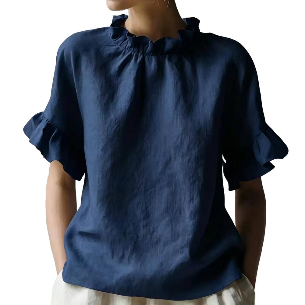 Chemisier pour femme couleur unie ample d'été à col rond et manches courtes avec design à volants, pull-over pour usage quotidien